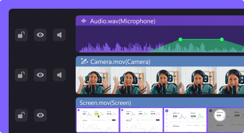 Screen recorder for PC editing timeline with separate microphone, camera and screen tracks