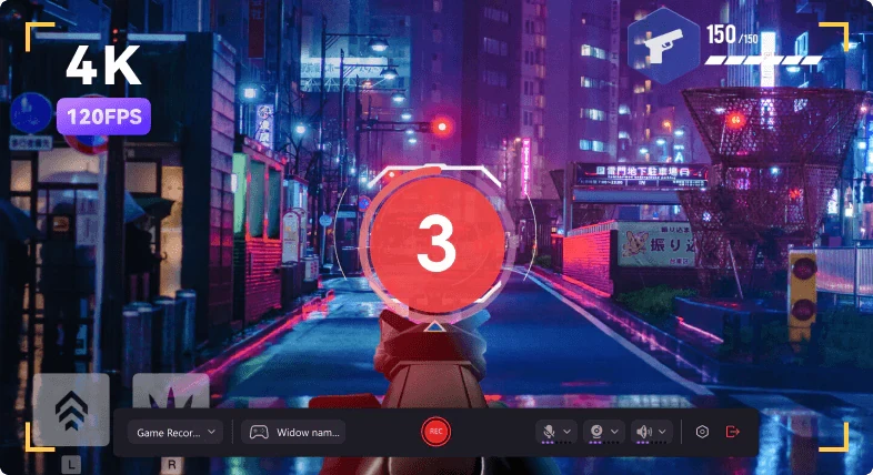 Screen recorder for PC in game recording mode at 4K and 120 FPS with a countdown