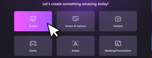 Screen recorder for PC mode picker with Screen, Screen and Camera, Camera, Game, Avatar and Meeting options